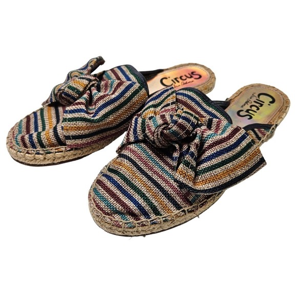Circus Sam Edelman Lulu Rainbow Stripe Big Bow Canvas Mules 7 Taupe‎ Espadrilles - Picture 1 of 8